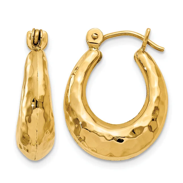 Pair of gold hoop earrings with hammered texture finish and post-and-clutch closures, shown from front and side views.