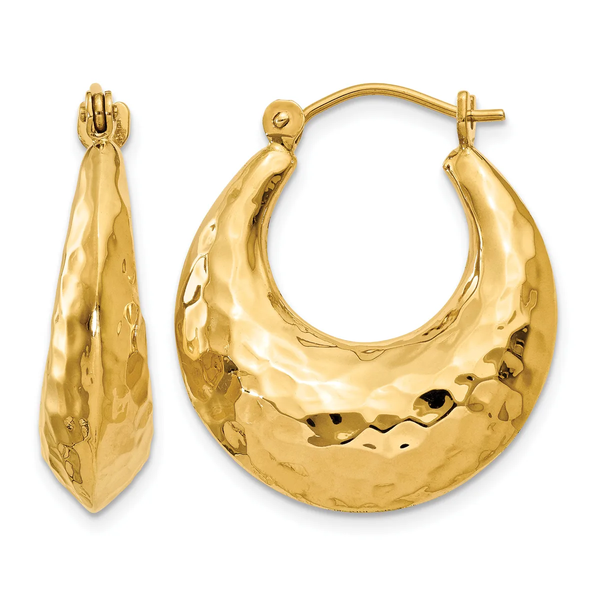 Pair of gold hoop earrings with hammered texture and curved crescent shape, shown from front and side views.