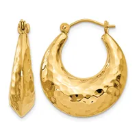 Pair of gold hoop earrings with hammered texture and curved crescent shape, shown from front and side views.