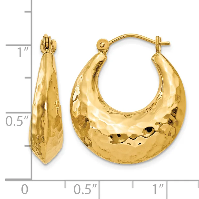 Pair of gold-colored textured hoop earrings with post and clutch backs, shown next to a ruler measuring approximately one inch in length.