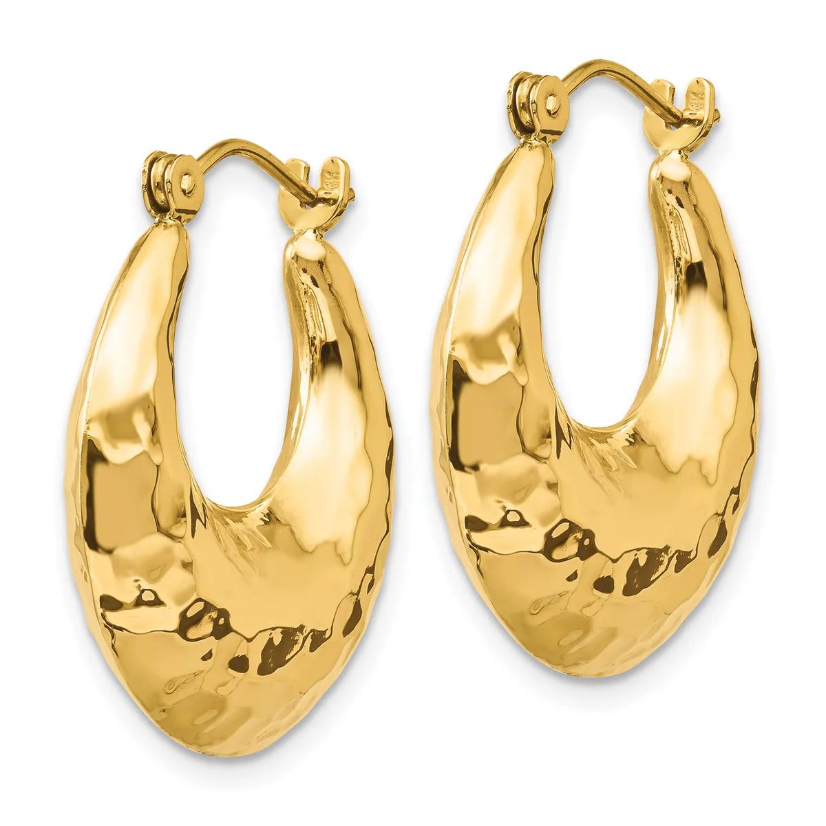 A pair of polished gold hoop earrings with a textured, hammered finish on the lower half and smooth curved surfaces, shown from the front against a white background.