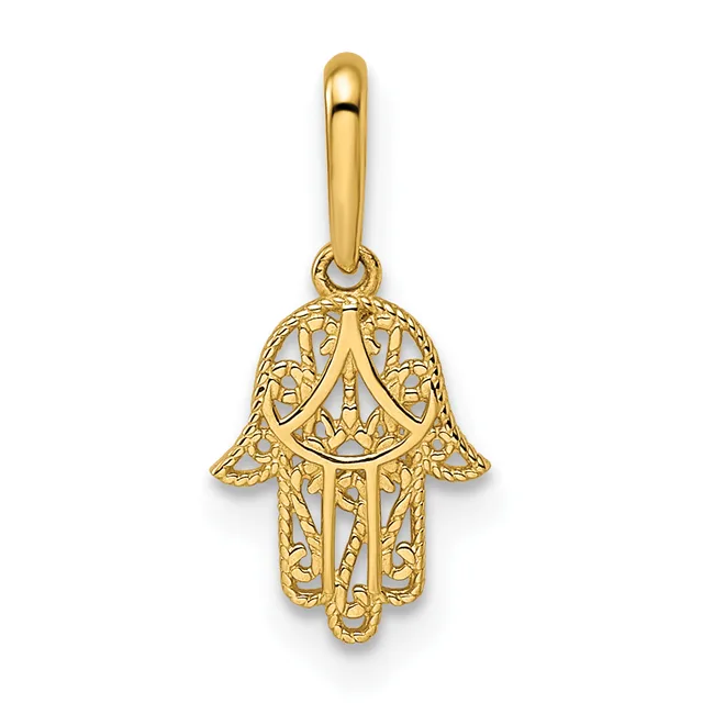 A gold Hamsa hand pendant with ornate filigree detailing throughout, suspended from a polished bail loop.