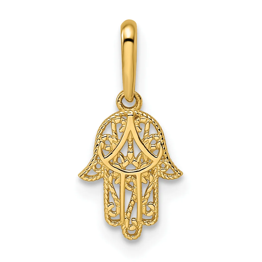 A gold Hamsa hand pendant with ornate filigree detailing throughout, suspended from a polished bail loop.