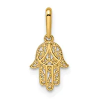 A gold Hamsa hand pendant with ornate filigree detailing throughout, suspended from a polished bail loop.