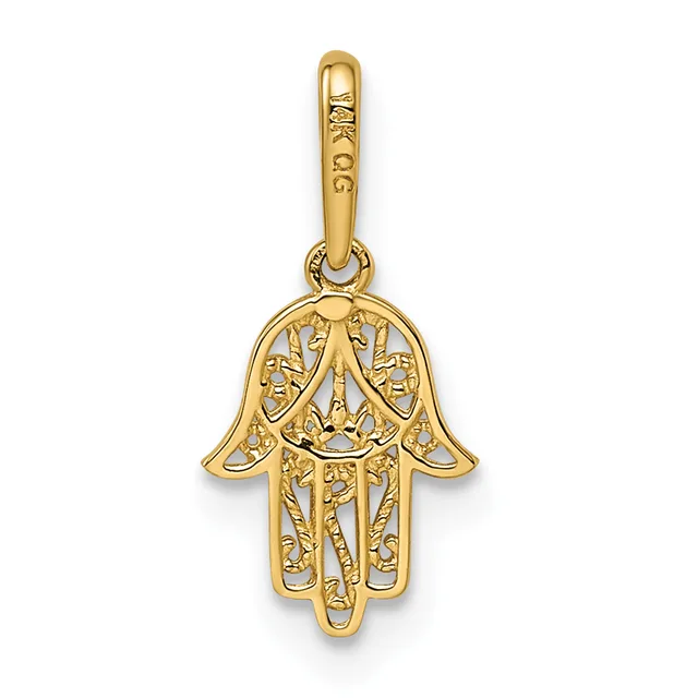 Gold hamsa hand pendant with ornate filigree detailing throughout, suspended from a small bail loop.