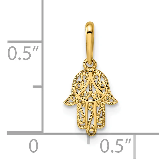Gold-toned hamsa hand charm with filigree detailing and a small loop at top, shown next to a measurement scale indicating approximately 0.5 inches in width and height.