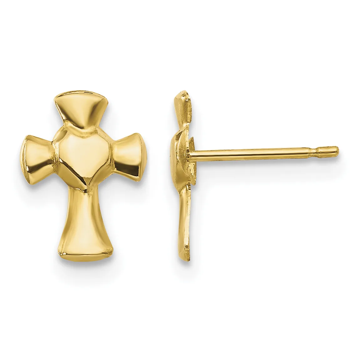 Pair of gold cross-shaped stud earrings with heart motifs in the center, shown from front and side views.