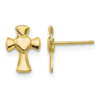 Pair of gold cross-shaped stud earrings with heart motifs in the center, shown from front and side views.