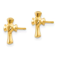 A pair of gold cross-shaped stud earrings with polished finish and post backs, shown from front view against a white background.