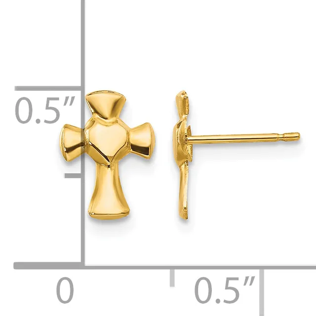 Pair of gold cross stud earrings shown front and side view with a measurement scale indicating approximately 0.5 inches in height.