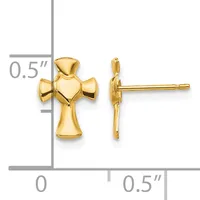 Pair of gold cross stud earrings shown front and side view with a measurement scale indicating approximately 0.5 inches in height.