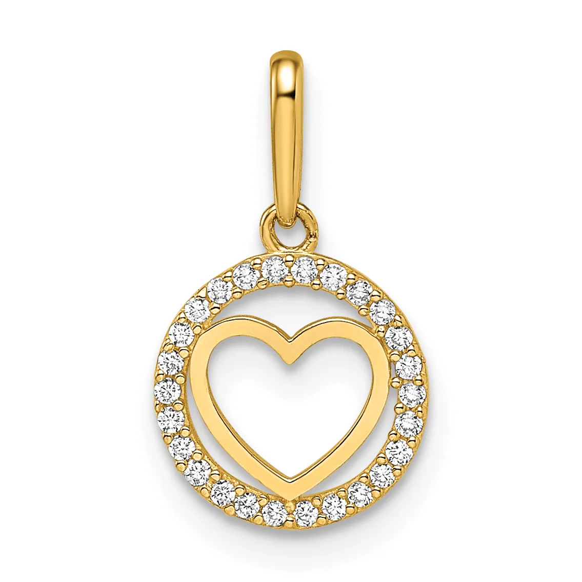 Gold heart pendant with diamond accent border and matching gold bail loop.