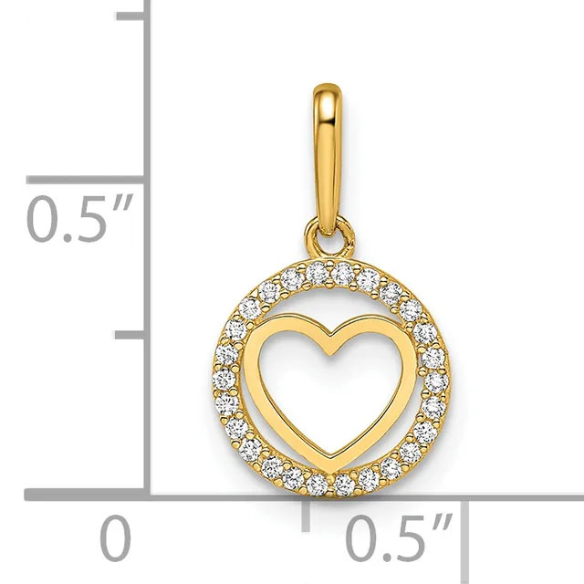 Gold heart pendant with a hollow center heart outline surrounded by a circular halo of small round diamonds, shown next to a measurement scale.