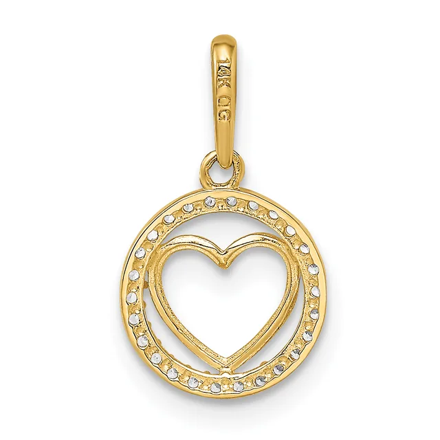 Gold pendant featuring a circular frame with a heart cutout in the center, decorated with small rhinestones around the outer edge and suspended from a gold bail.