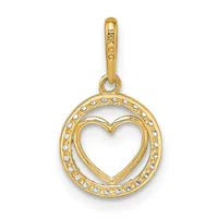 Gold pendant featuring a circular frame with a heart cutout in the center, decorated with small rhinestones around the outer edge and suspended from a gold bail.