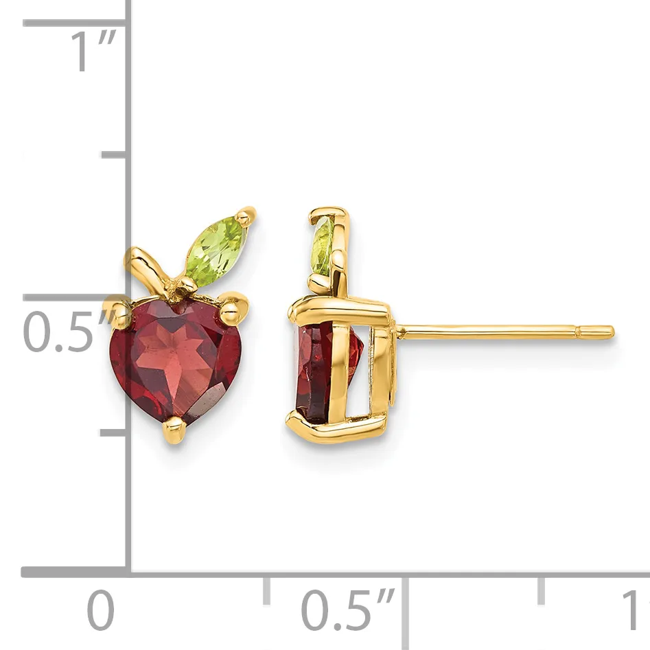 Pair of gold stud earrings with heart-shaped red gemstones and small marquise-shaped green gemstone accents, shown front and back views next to a measurement ruler.