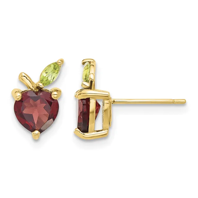 Pair of gold stud earrings with heart-shaped red gemstones and small green marquise-shaped gemstone accents on top, shown from front and side views.