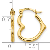 A pair of polished gold heart-shaped hoop earrings with wavy edges, shown front and side view with a measurement scale indicating approximately half-inch dimensions.