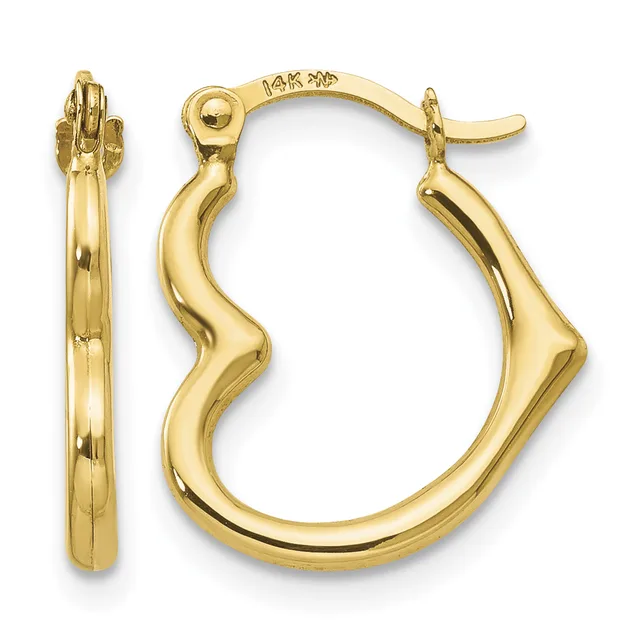 A pair of polished gold heart-shaped hoop earrings with a small stamped hallmark, shown from front and side views.