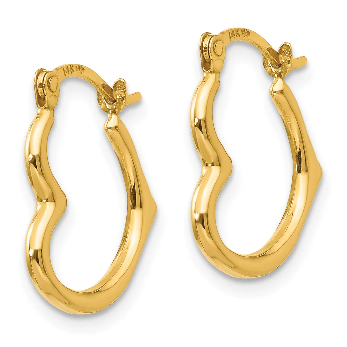 A pair of polished gold hoop earrings with a wavy, twisted texture and hinged closures, displayed side by side against a white background.
