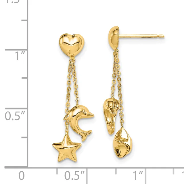 Gold heart stud earrings with dangling chains supporting a crescent moon and star charm on each earring, displayed against a measurement scale.