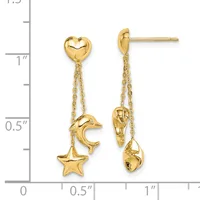 Gold heart stud earrings with dangling chains supporting a crescent moon and star charm on each earring, displayed against a measurement scale.