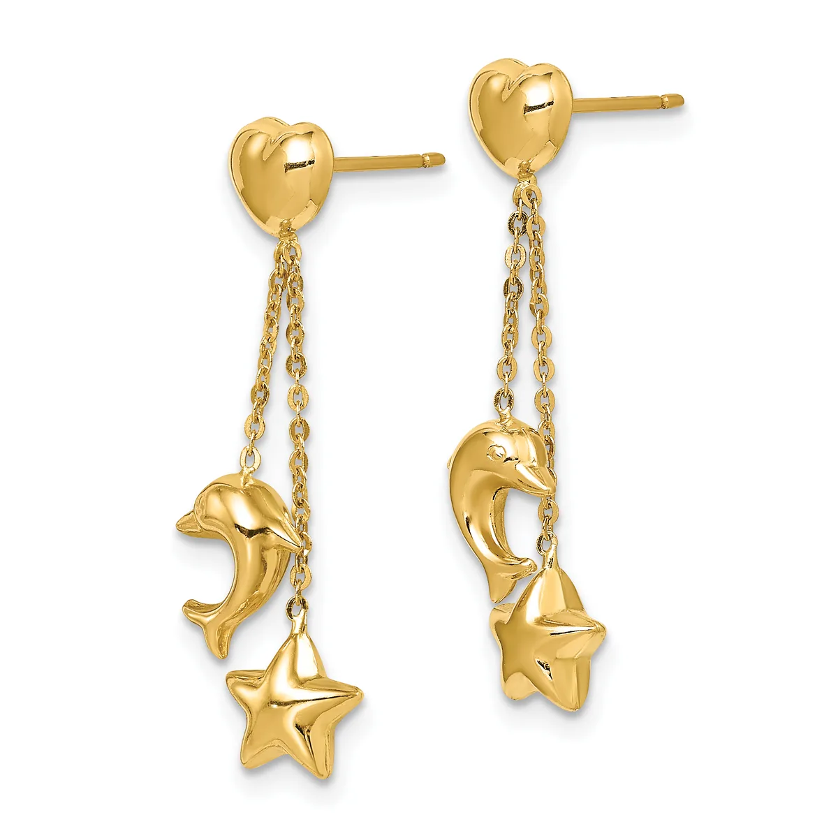 Pair of gold dangle earrings with heart studs at the top, featuring chain drops with dolphin and star charms suspended below.