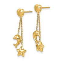 Pair of gold dangle earrings with heart studs at the top, featuring chain drops with dolphin and star charms suspended below.