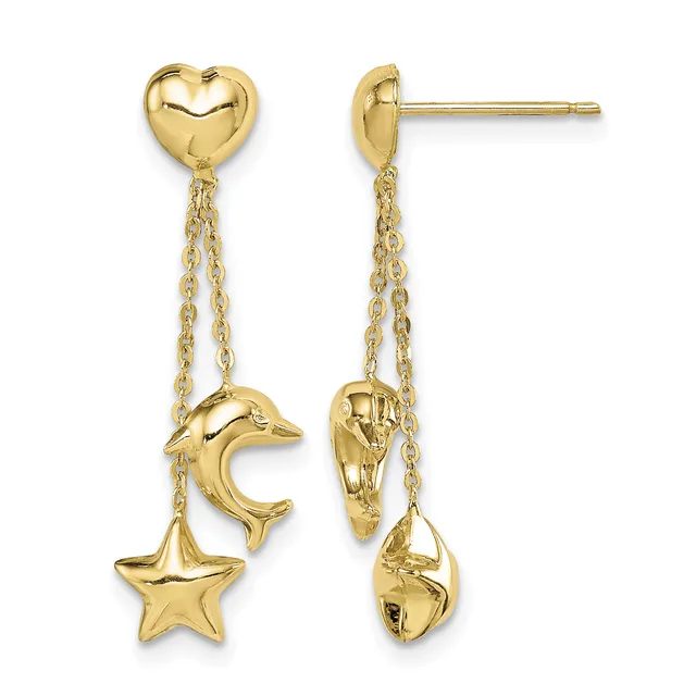 Gold drop earrings with heart studs suspended above dangling chains holding a dolphin, star, and shell charm on each earring.