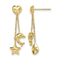 Gold drop earrings with heart studs suspended above dangling chains holding a dolphin, star, and shell charm on each earring.