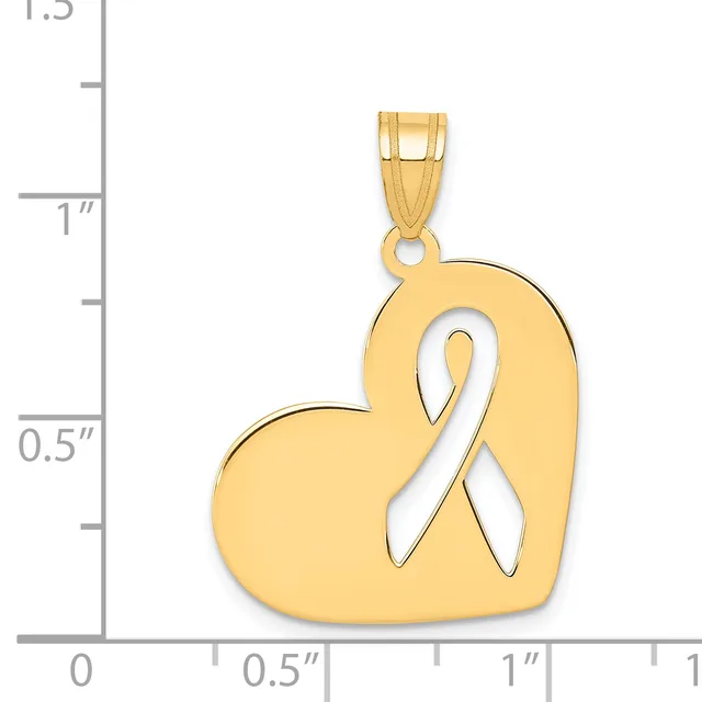 Gold heart-shaped pendant with a ribbon awareness symbol cutout, shown next to a measurement scale indicating approximately one inch in width and height.