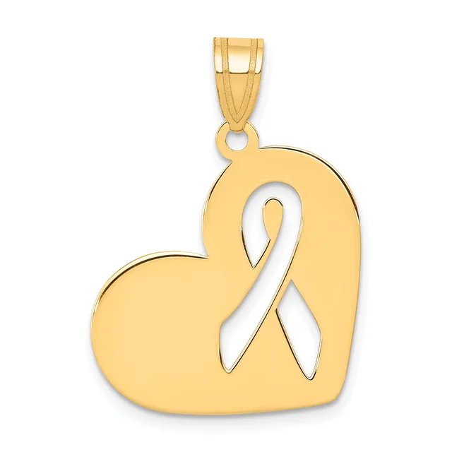 Gold heart-shaped pendant with a white ribbon awareness symbol cutout, suspended from a gold bail loop.
