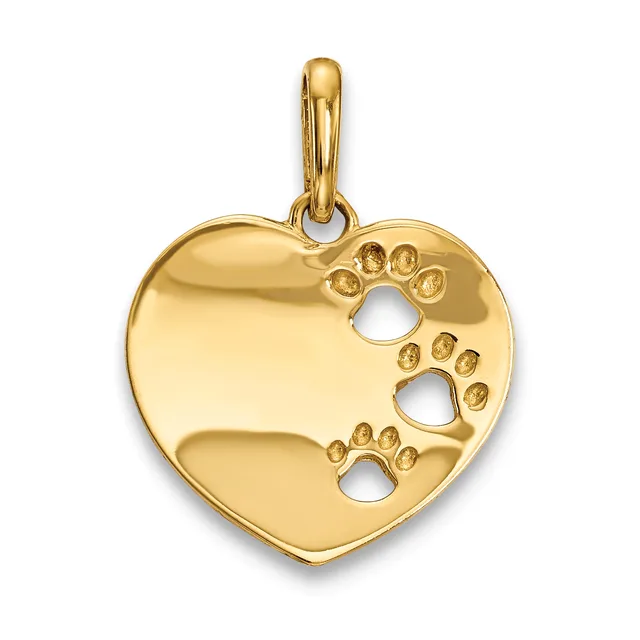 Gold heart-shaped pendant with three paw print cutouts on the right side and a small stamped hallmark, suspended from a gold bail.