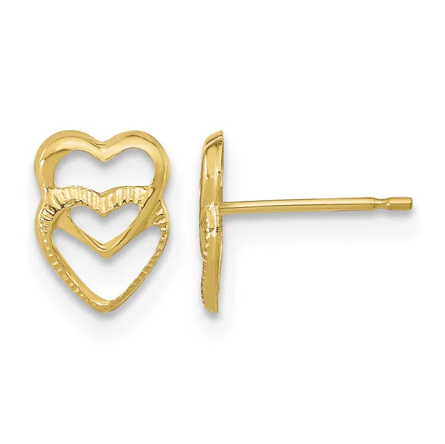Pair of gold stud earrings featuring double nested heart outlines with textured finish, shown from front and side views.