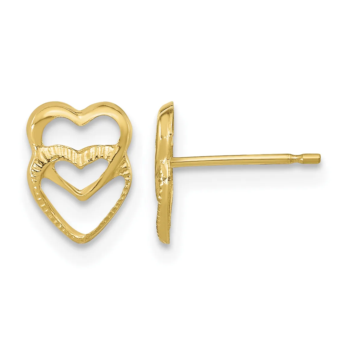 Pair of gold stud earrings featuring double nested heart outlines with textured finish, shown from front and side views.