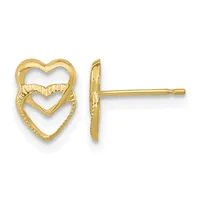 Pair of gold stud earrings featuring double nested heart outlines with textured finish, shown from front and side views.
