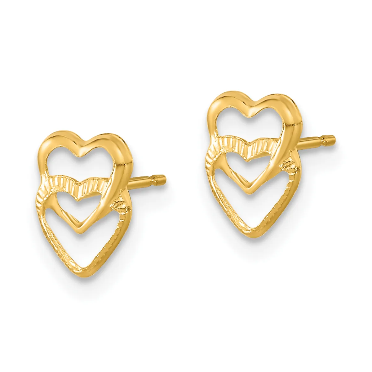 A pair of gold stud earrings featuring nested heart outlines with textured detailing on the upper heart, shown from the front.