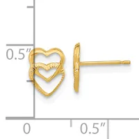 Gold stud earrings with nested heart outlines, featuring a textured middle heart, displayed next to a measurement scale showing approximately 0.5 inches in height.