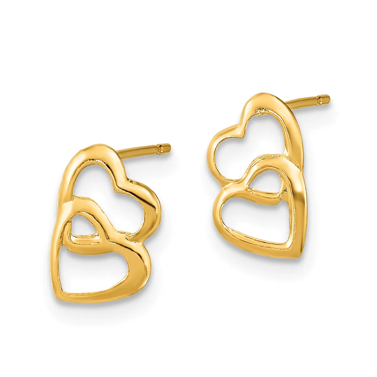 Pair of gold stud earrings featuring interlocking heart shapes, displayed against a white background.