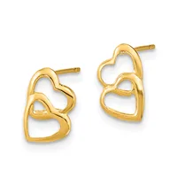 Pair of gold stud earrings featuring interlocking heart shapes, displayed against a white background.