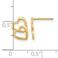 Gold interlocking heart stud earrings displayed next to a ruler showing 0.5 inch scale.