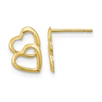 Pair of gold stud earrings featuring two interlocking heart outlines, shown from front and side views.