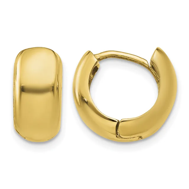 A pair of polished gold huggie hoop earrings shown from front and side views, displaying their chunky rounded profile and hinged closure design.
