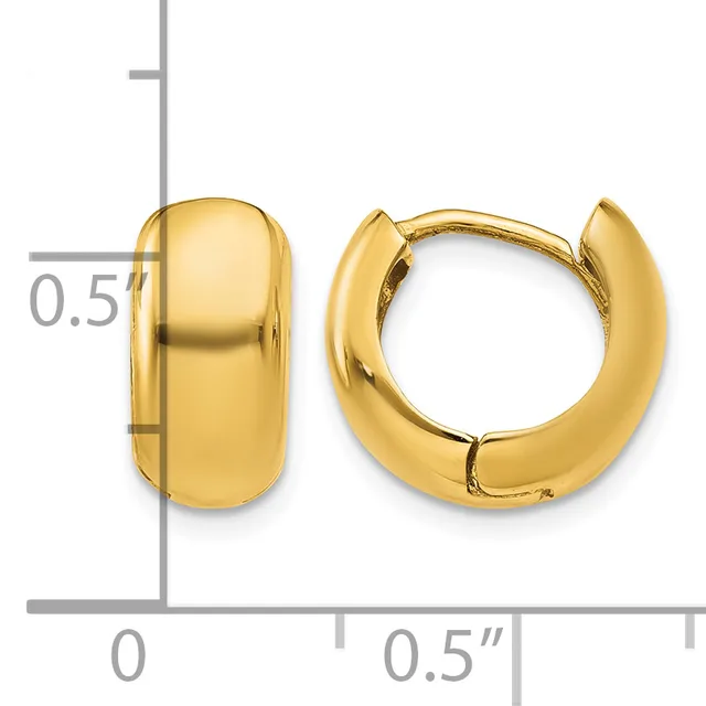 Pair of polished gold-tone chunky huggie hoop earrings shown with a measurement scale indicating approximately 0.5 inches in width.