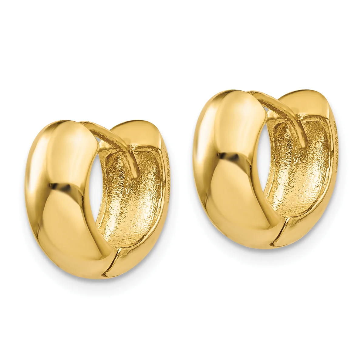 A pair of polished gold-toned chunky hoop earrings with a high-shine finish and textured inner surfaces, shown from the front against a white background.