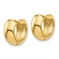 A pair of polished gold-toned chunky hoop earrings with a high-shine finish and textured inner surfaces, shown from the front against a white background.