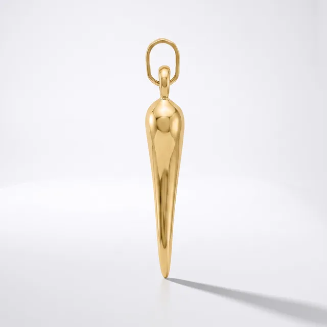 A polished gold-colored elongated teardrop pendant with a looped bail attachment, displayed vertically against a white background.