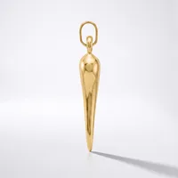 A polished gold-colored elongated teardrop pendant with a looped bail attachment, displayed vertically against a white background.