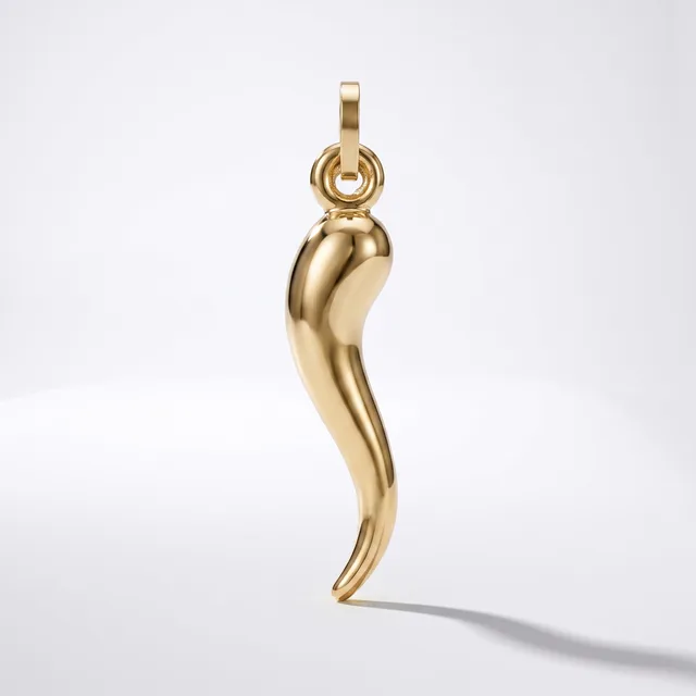A polished gold curved horn-shaped pendant with a loop attachment at the top, displayed against a white background.