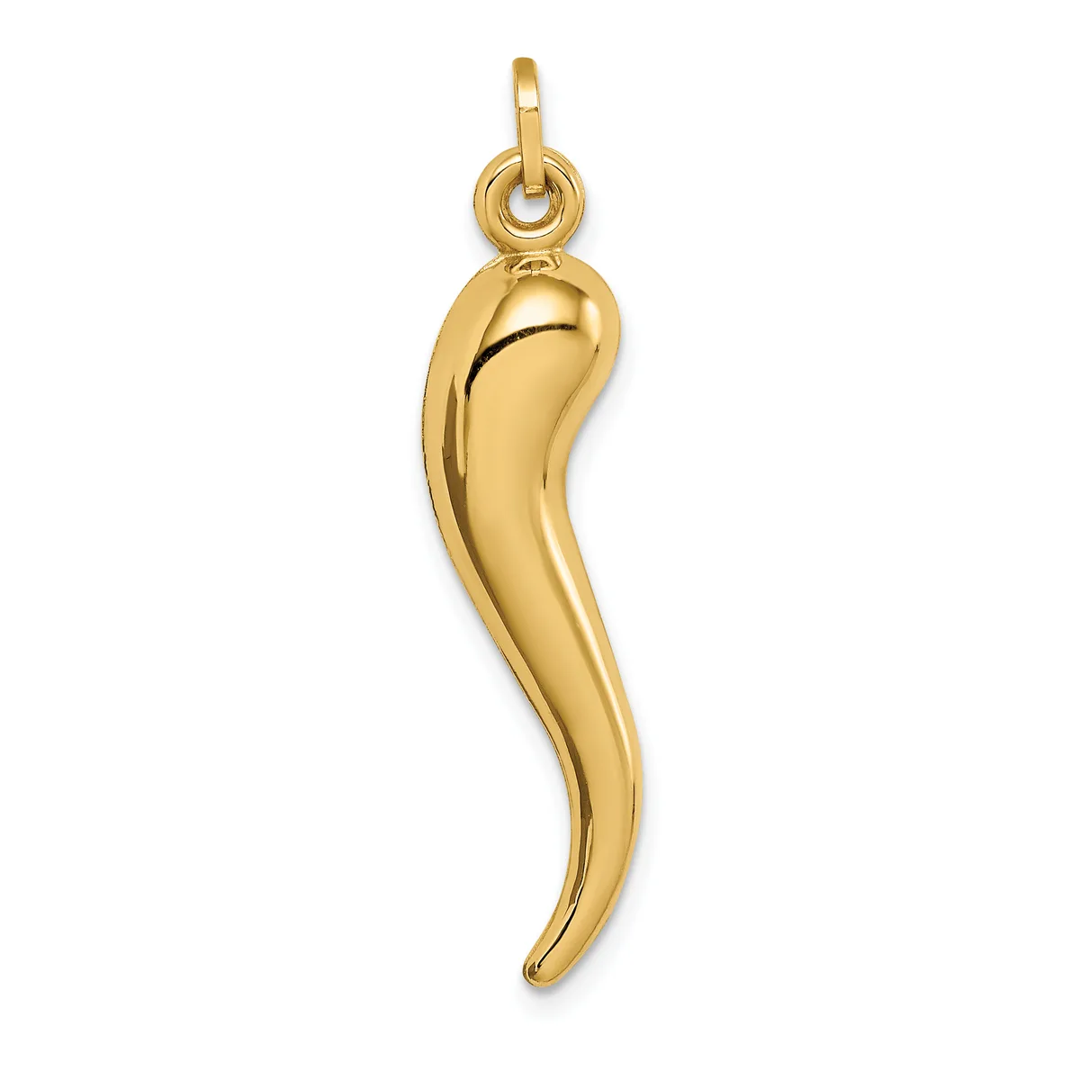 A polished gold curved horn-shaped pendant with a loop attachment at the top, shown against a white background.